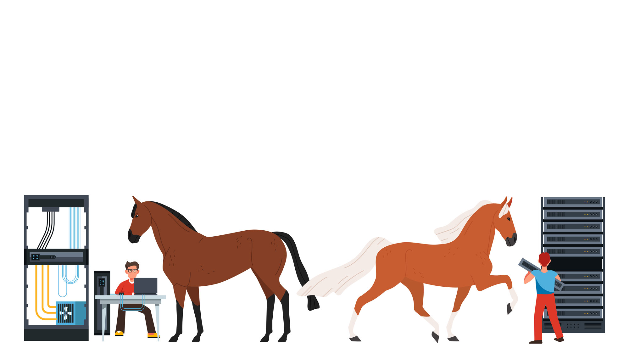 A cartoon image of people and horses fixing servers